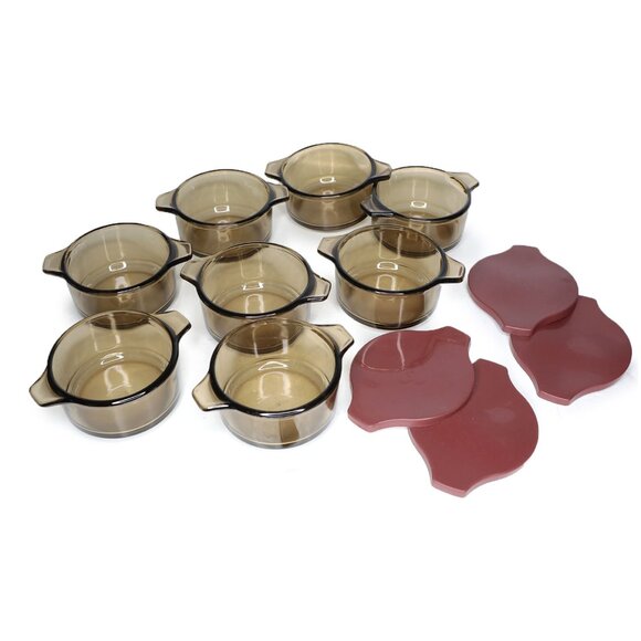 Vintage Dynaware Pyr-O-Rey Amber Glass Small Baking Casserole Bowls Mexico x 8 - Picture 11 of 15